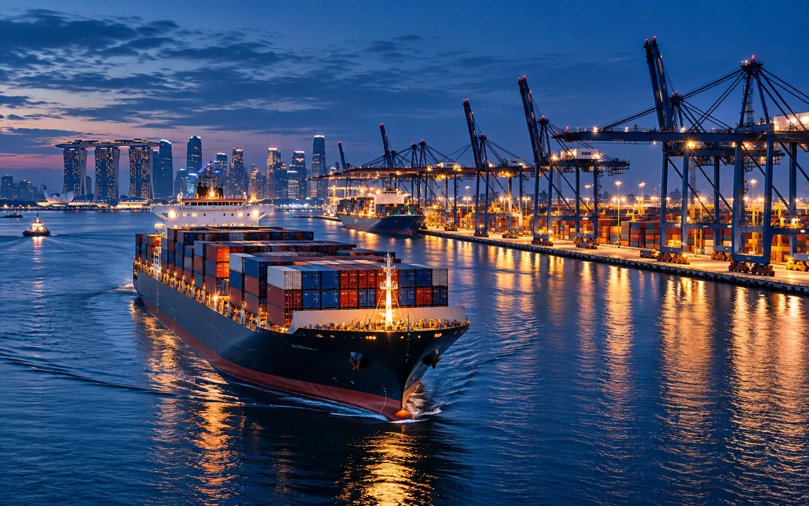 Container ship arriving at a lit container terminal at dusk with the Singapore skyline behind