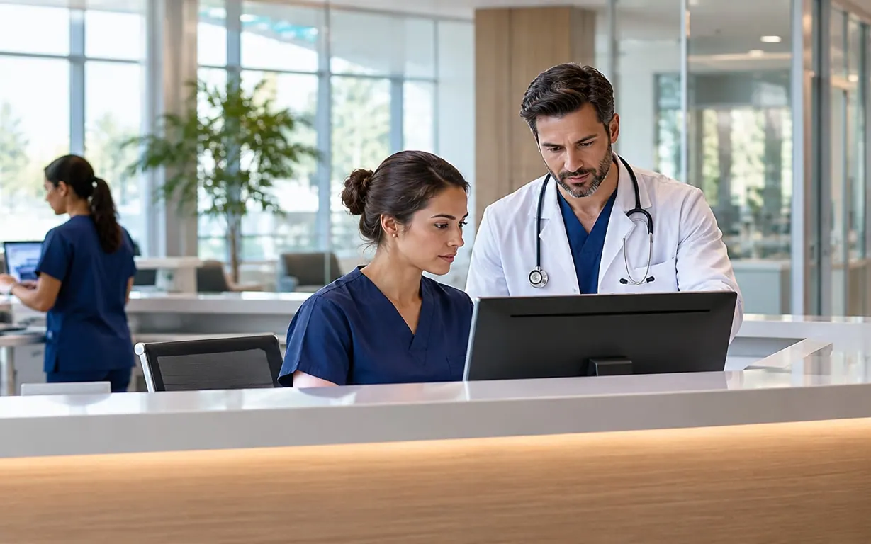 Doctor and nurse reviewing patient information together at a hospital nurses' station