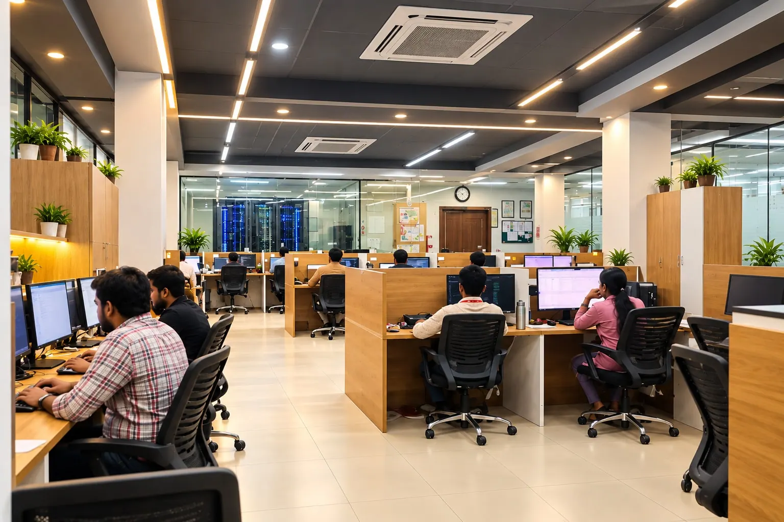 Software developers working at their desks in a bright open-plan office