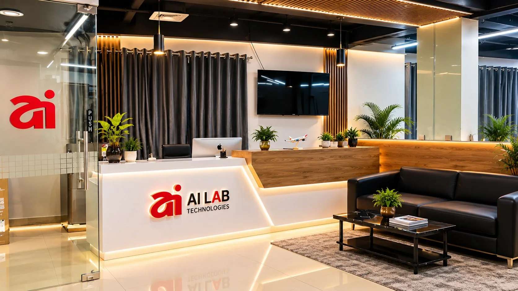 AI LAB Technologies office reception with the company logo on the front desk and a lounge area