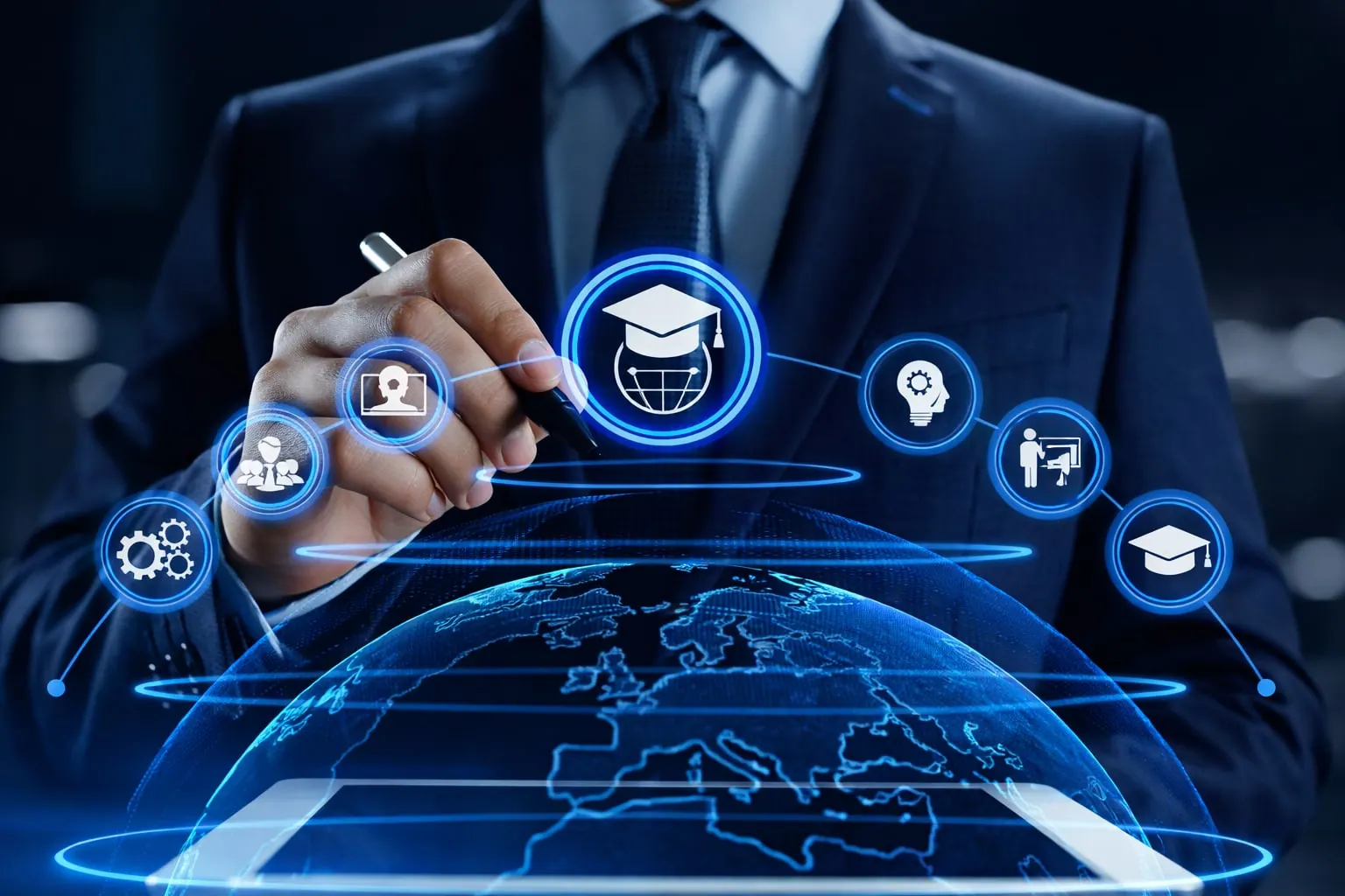 Graduation cap and learning icons connected around a digital globe