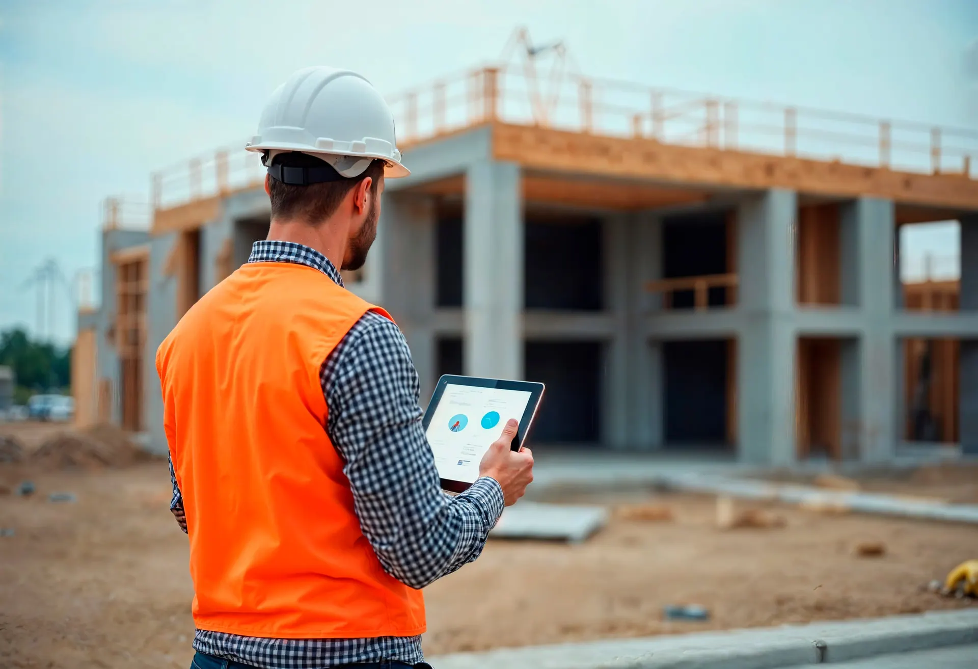 Field engineer in a hard hat and safety vest reviewing work on a tablet at a building site