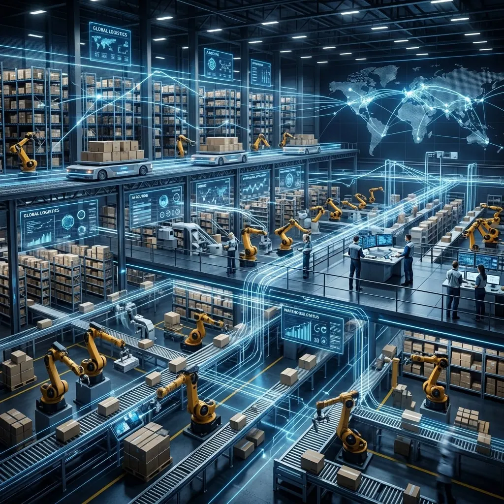 Automated manufacturing floor with robotic arms, conveyors and connected production data