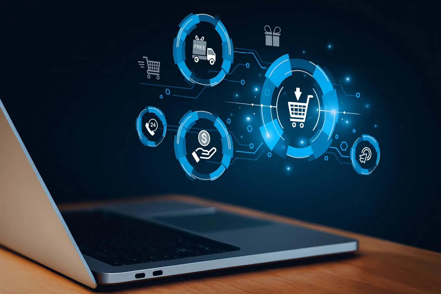 Laptop with connected e-commerce icons for orders, payments, delivery and customers