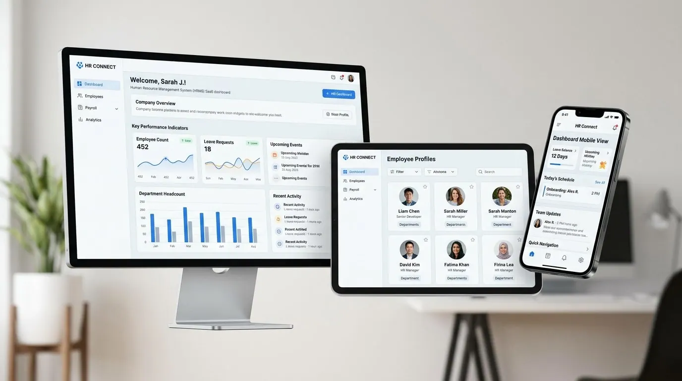 Example workforce management screens on a desktop, tablet and phone showing employee profiles and dashboards