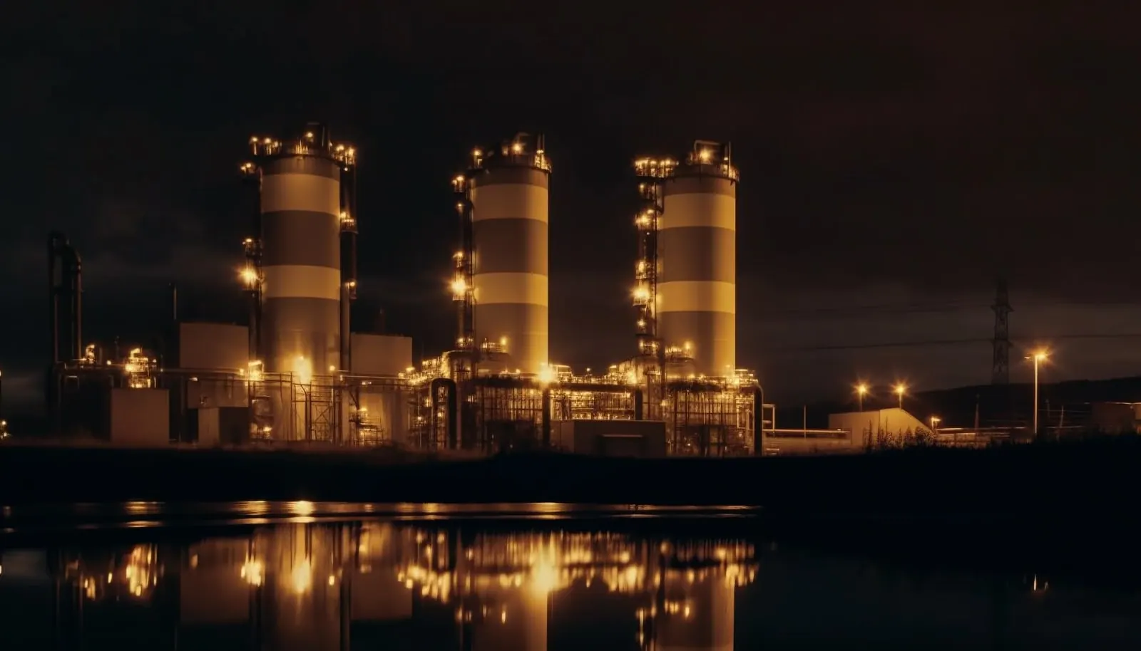 Power plant cooling towers lit at night