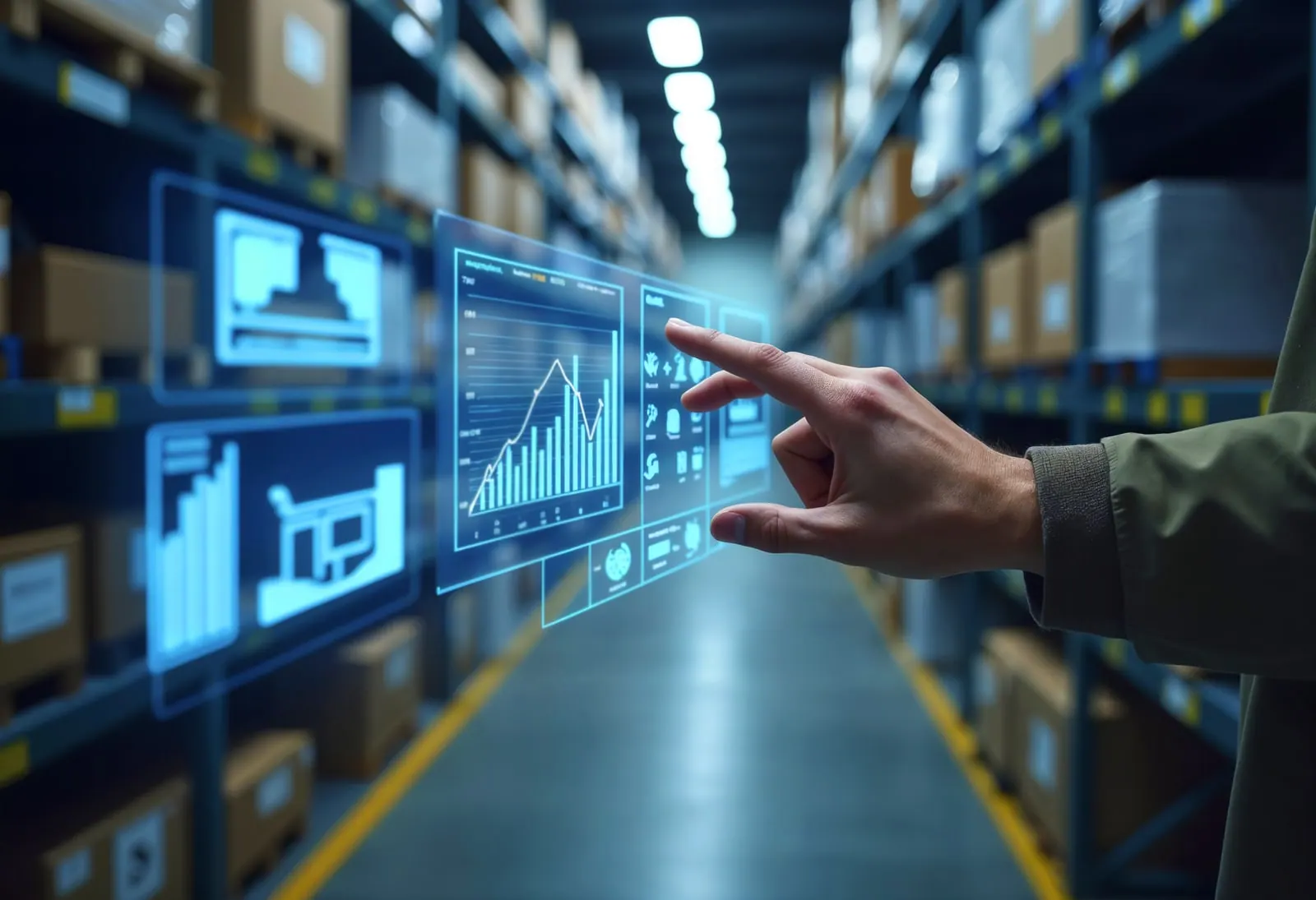 Hand selecting inventory data on a digital screen inside a warehouse aisle