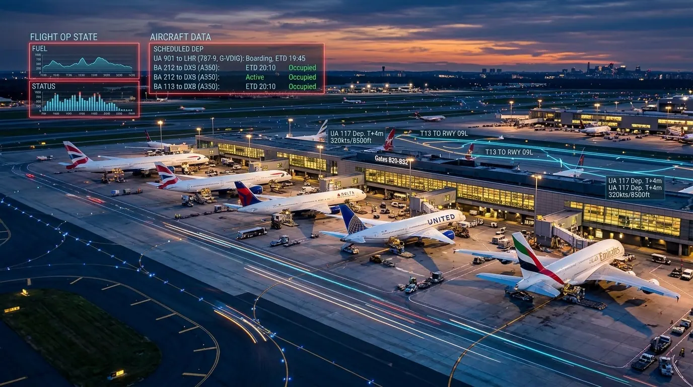 Commercial airliners parked at airport gates with operations data overlaid