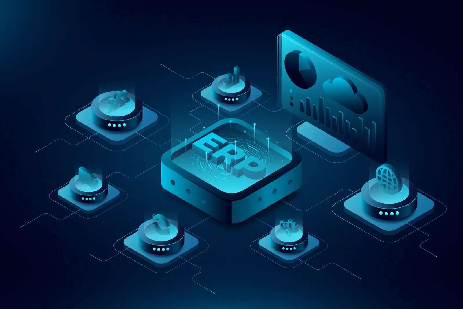 Isometric illustration of connected ERP modules around a central platform