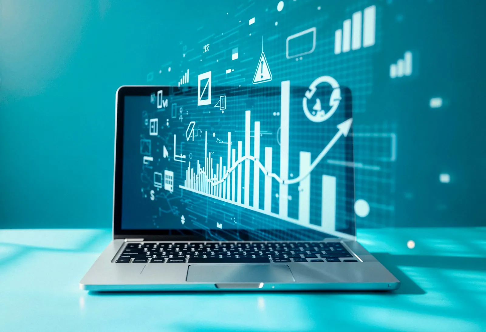 Laptop with rising analytics charts and data visualisations