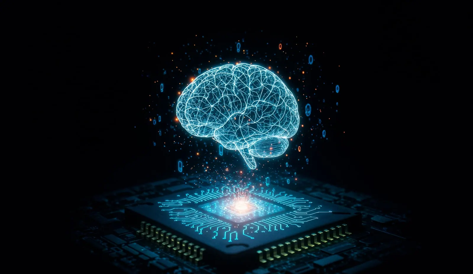 Digital brain made of light above a microchip