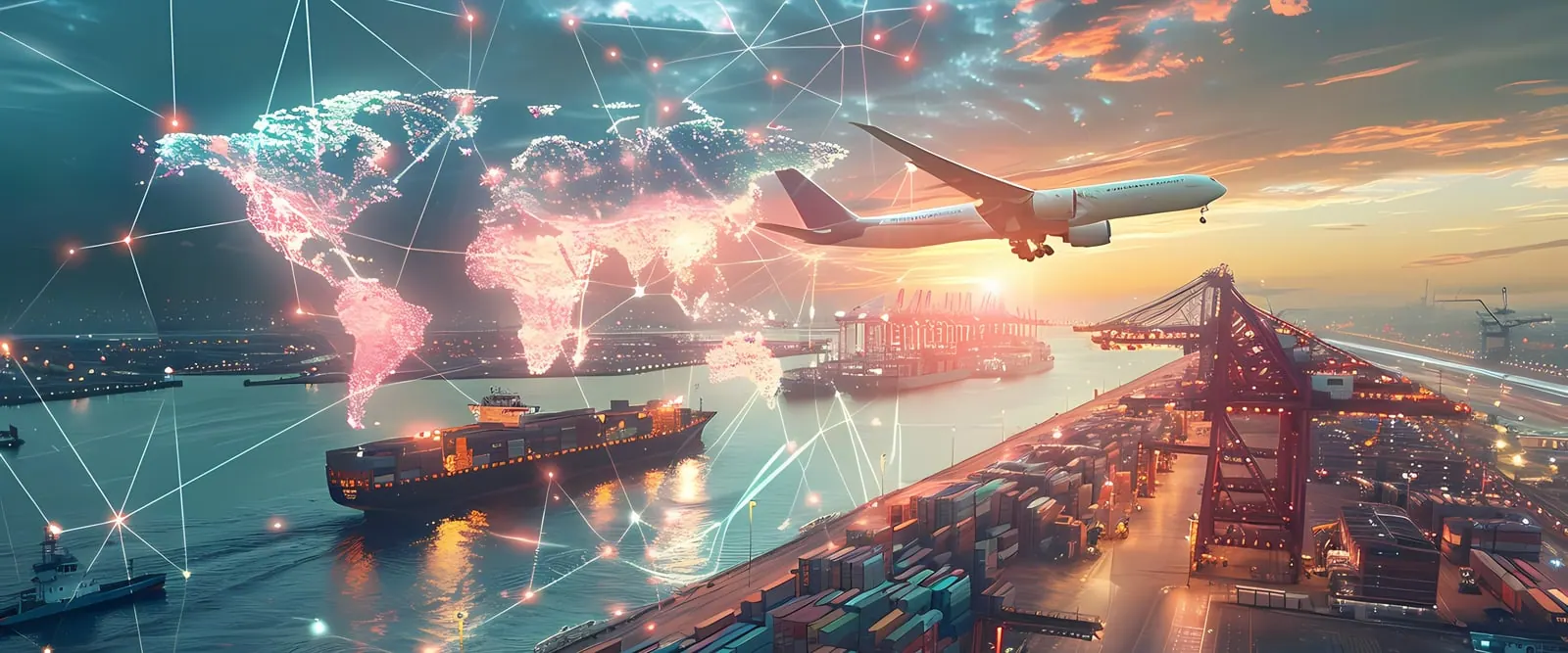 Cargo plane, container ship and port connected by global supply routes
